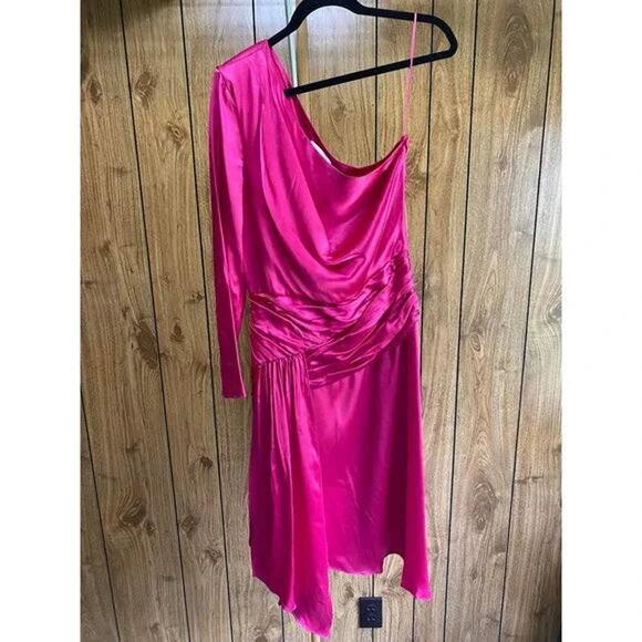 EACH X OTHER   Satin One-shoulder Asymmetric A-line Dress In Pink - Picture 2 of 8